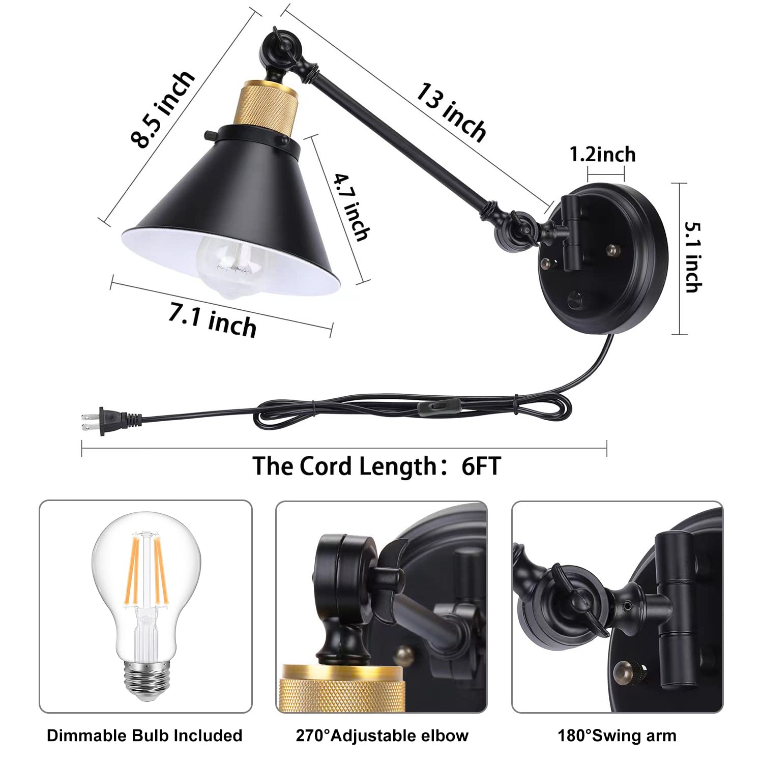 TRLIFE Dimmable Wall Sconce with Plug, Black Metal Swing Arm Light, 1 Pack, Model Arm-Sconce-01