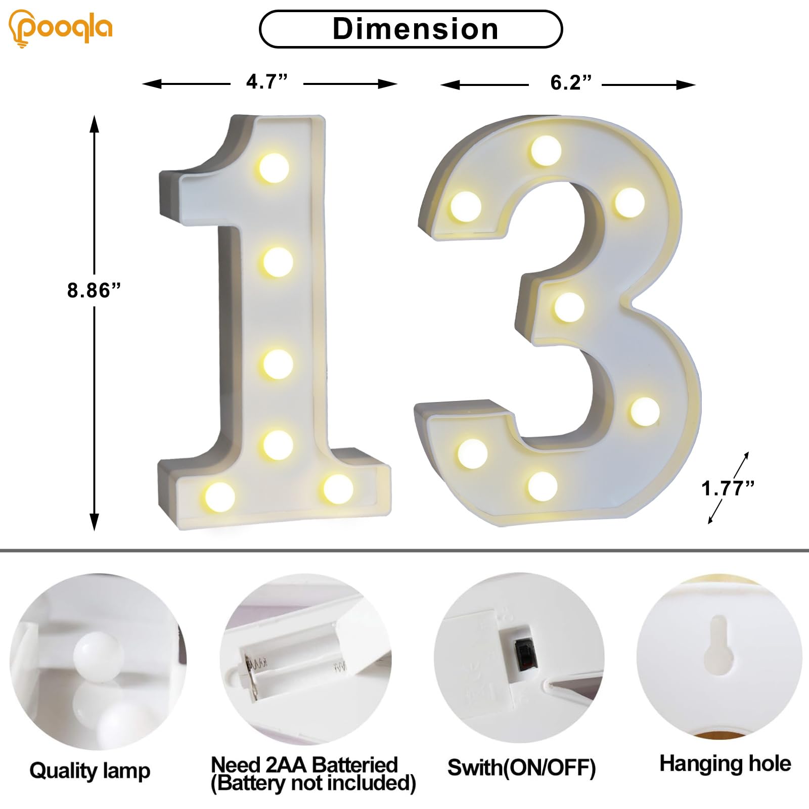 Pooqla Decorative Led Light Up Number Letters, White Plastic Marquee Number Lights Sign For 13Th Birthday Party Wedding Decor Battery Operated Number (13)