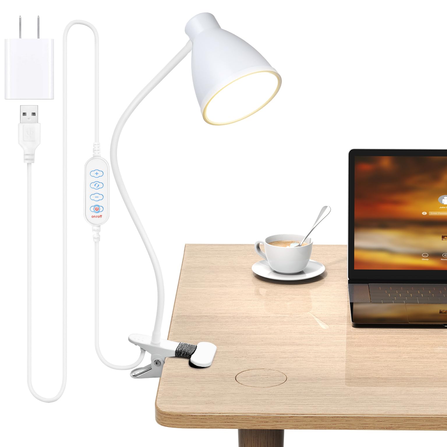BOHON Clamp Lamp Reading Light, 10W, 38 LED, 3 Color Modes, 10 Brightness Levels, Flexible Gooseneck, White, Model WDL10W