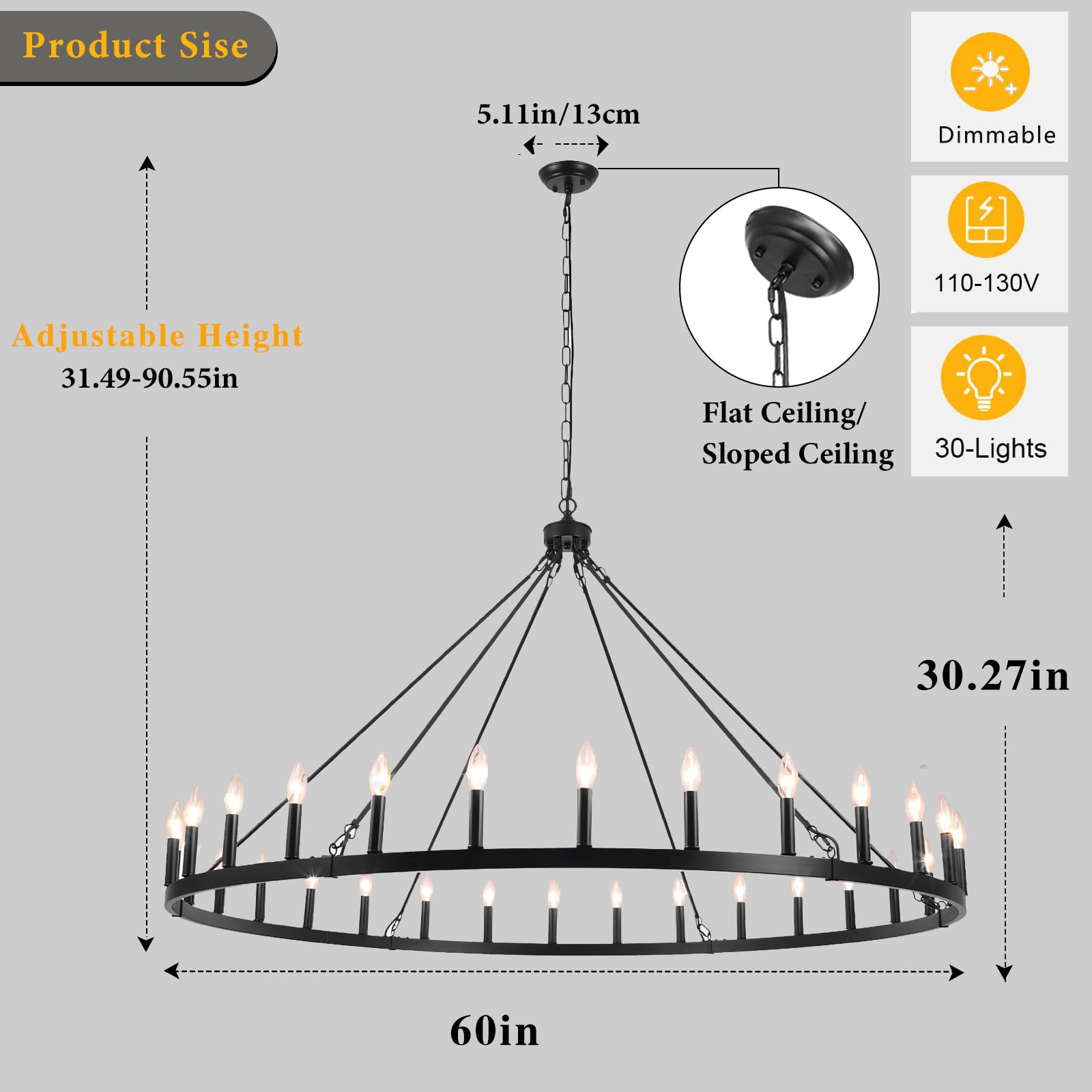 SJCCDSGS 60" Black Industrial Wagon Wheel Chandelier, 30 Lights Iron Pendant Light for High Ceilings, Model 126B