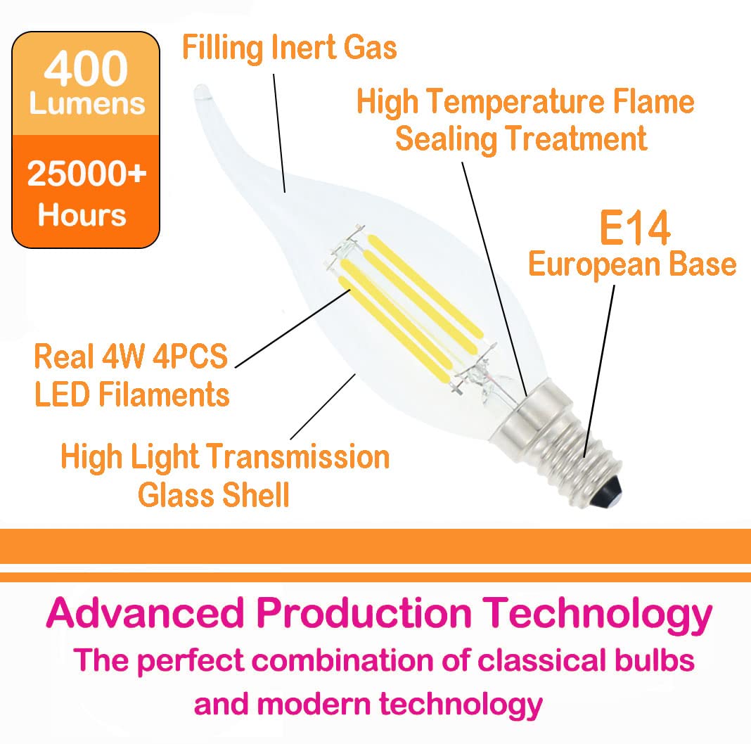 Lamsky E14 LED Bulb 4W Dimmable 40W Equivalent Flame Tip Candelabra 12-Pack 6000K Daylight White