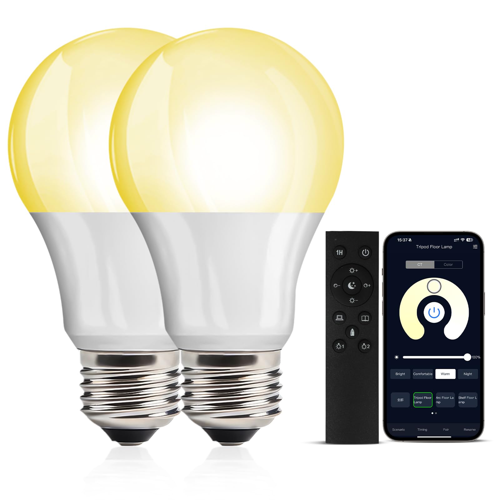 Outon 2 Pack A19 Led Light Bulb With Remote Control, Efficient 9W Led Bulb (60Watt Equivalent), 810 Lm, Dimmable, 3000K-6000K, E