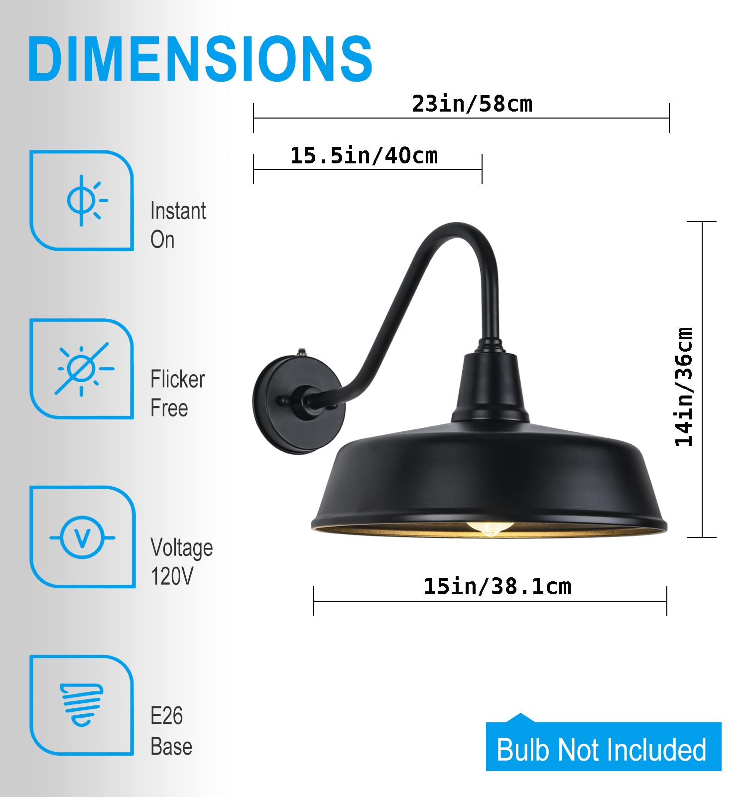 JOESA 15 inch Outdoor Gooseneck Barn Light Fixture with a 15 inch Long Extended Arm - Dusk to Dawn Porch Light, Vintage, and a R