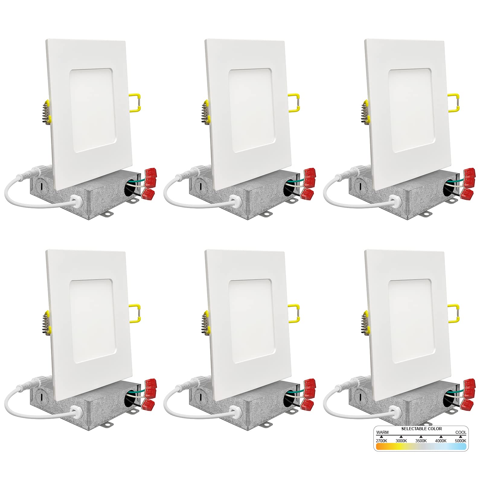 NUWATT 6 Pack 4 Inch Square Wafer LED Recessed Lighting, 5 CCT Selectable 2700K/3000K/3500K/4000K/5000K, 630 Lumens Dimmable, We