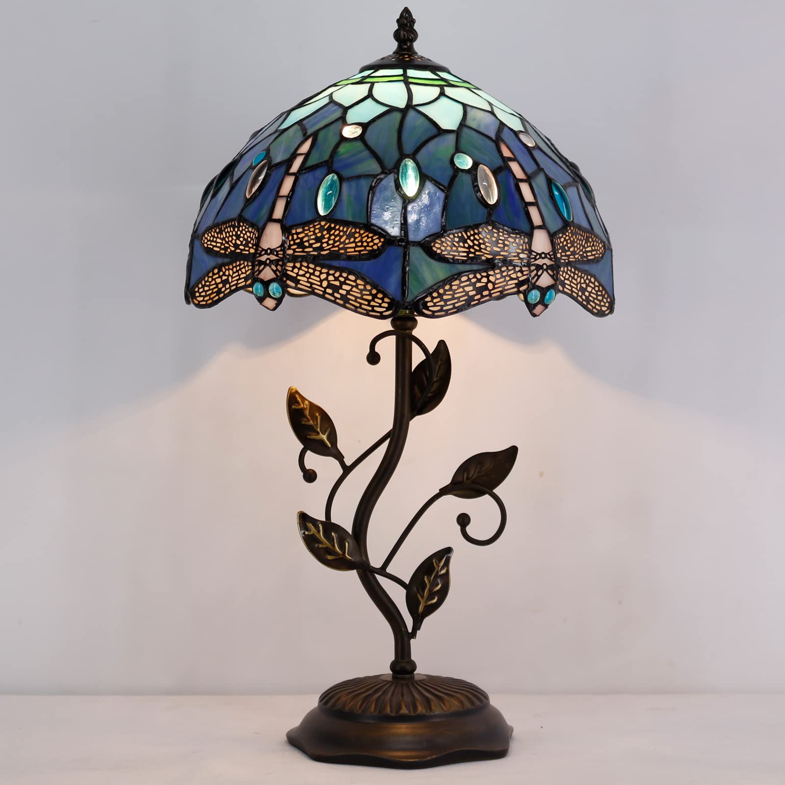 Avivadirect Tiffany Lamp Blue Dragonfly Style Stained Glass Table Lamp Desk Bedside Reading Light 12X12X19 Inches With Metal Lea
