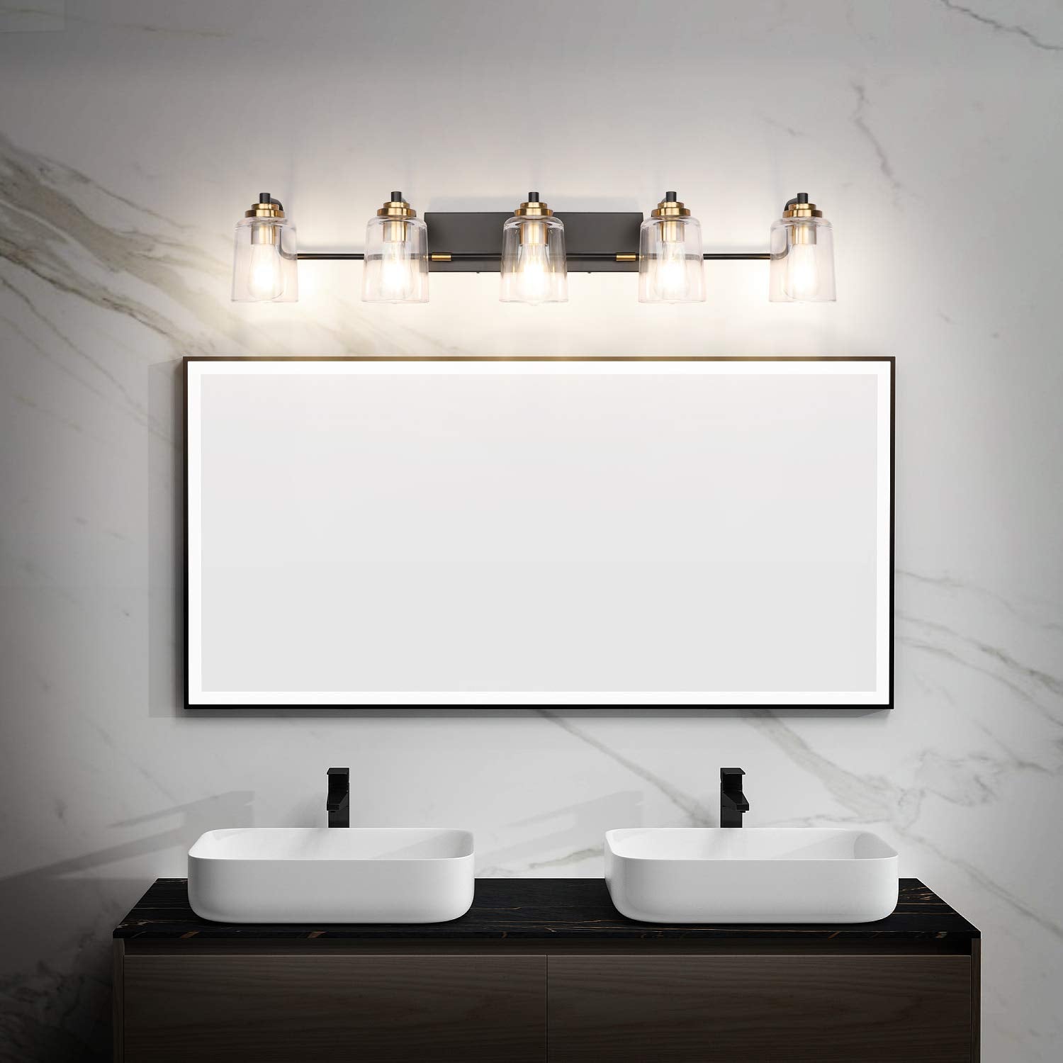 Solfart Vintage Vanity Lights For Bathroom 5 Light Bathroom Vanity Light Black Metal With Clear Glass Brass Fixtures Wall Mount