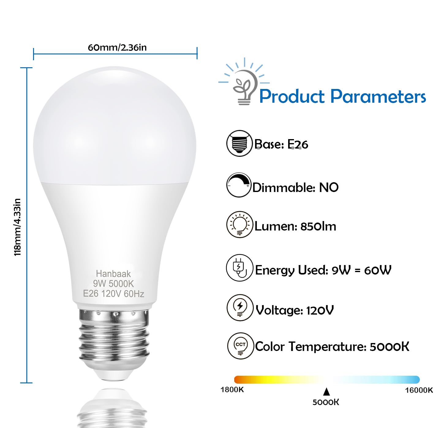 Hanbaak E26 Led Bulb, 60W Equivalent Light Bulb, 9W Medium Screw Base Bulb, Non-Dimmable, Daylight White 5000K 4 Packs