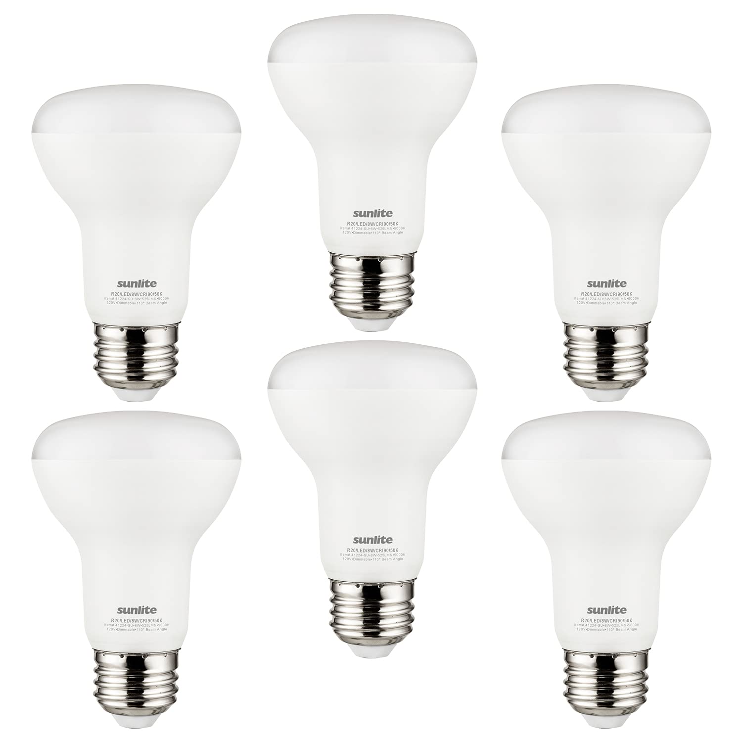 Sunlite LED 90 CRI R20 Recessed Light Bulb, 8 Watts (50W=), 525 Lumens, Dimmable, Medium Base (E26), Wide 110 Beam Angle, UL Lis