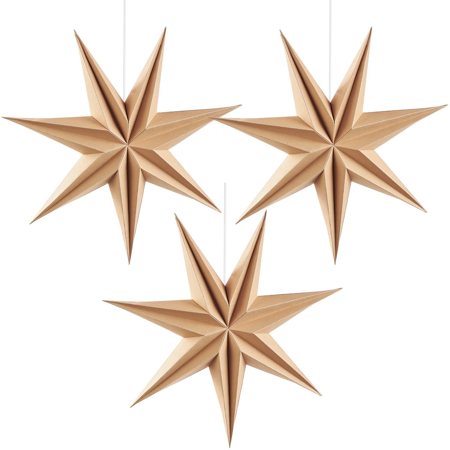SUNBEAUTY 3 Pcs 7-Pointed Natural Paper Star Lanterns 12 Inch Christmas Hanging Lamp Rustic Paper Decorations Shade Wedding Birt