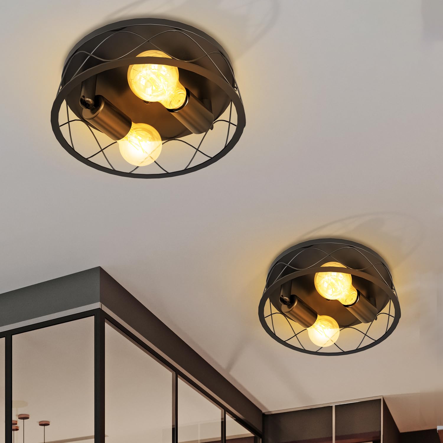 Sunco Lighting Vintage Hallway Flush Mount Ceiling Light, 10in Diameter, Black, E26 Base, ETL, 2 Pack