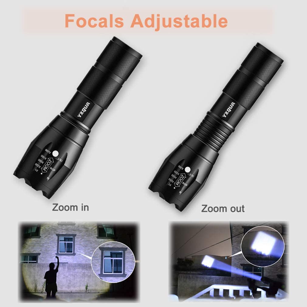 YXQUA USB Rechargeable Flashlight - 8381 High Lumens, Zoomable, Waterproof, 5.1 in, Black, Aluminum