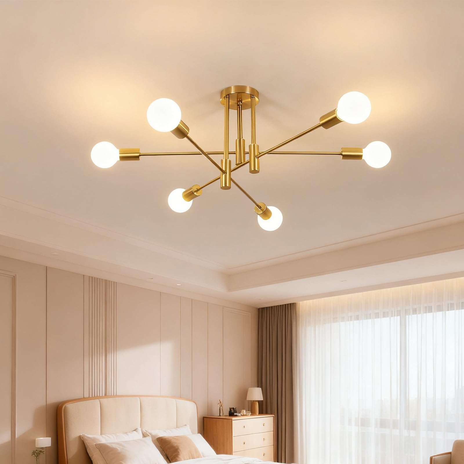 Tealight Gold Sputnik Ceiling Light Fixture  Industrial Lighting Fixture Semi Flush Mount Ceiling Chandelier For Bedroom  Living Room  Kitchen  Dining Room  Hallway (6-Lights Gold)