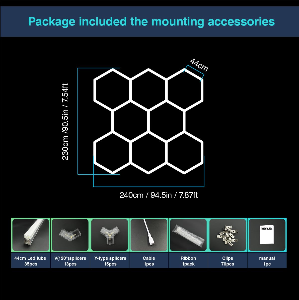 Cezelux Hexagon Led Garage Light,8 Honeycomb 35Packs Tubes 6500K 280W 2.4X2.3M, Hex Ceiling Light For Gym Basement Warehouse Auto Beauty Shop Car Detailing Lighting (Hexagon-8)