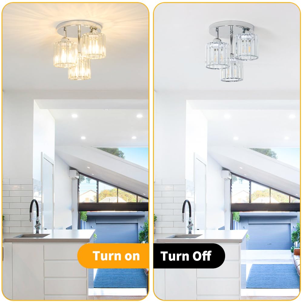 Lxybcce Crystal Ceiling Light Fixture, Chrome Semi Flush Mount Ceiling Light Fixture, 3-Light Hallway Light Fixtures Ceiling Wit