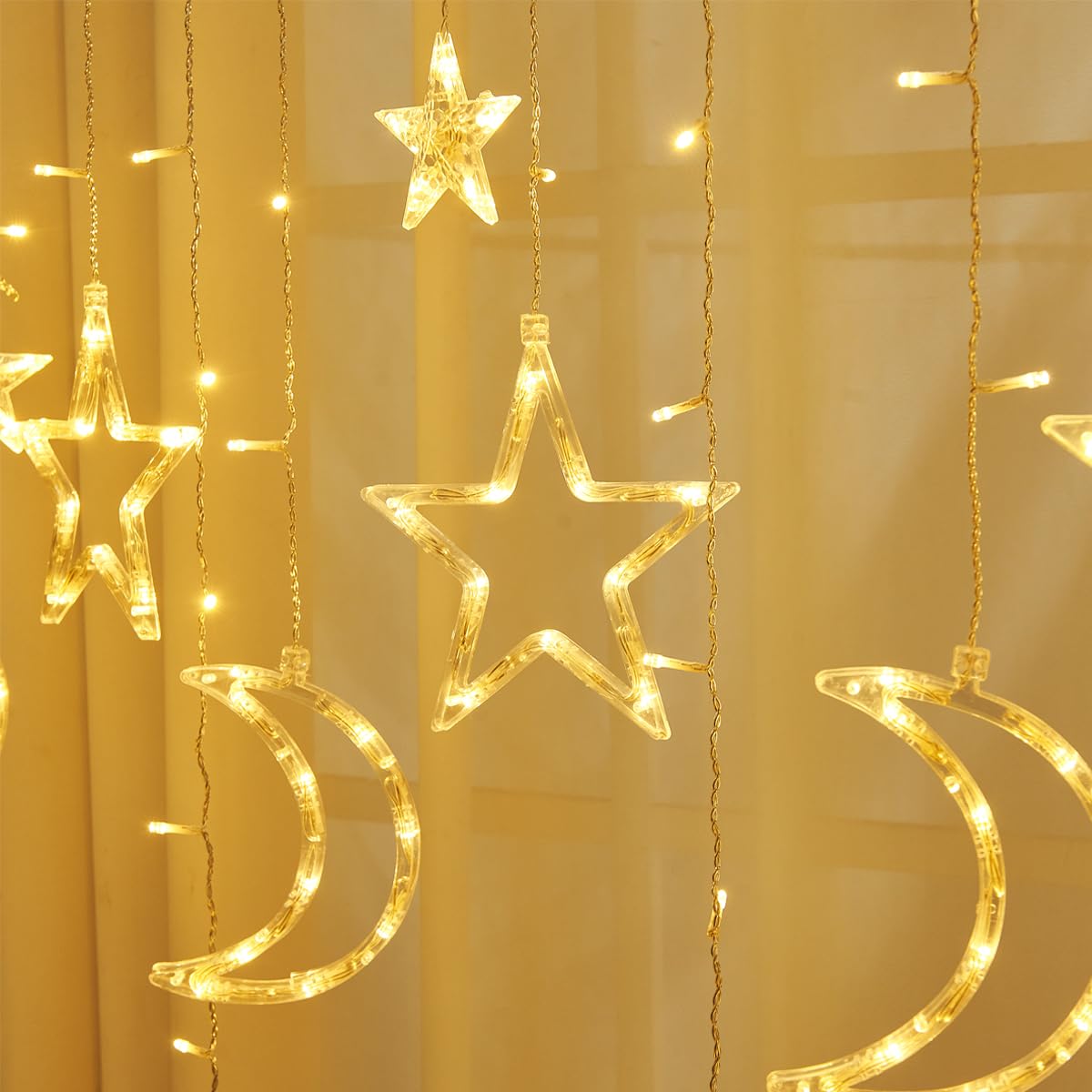 Alfeund 7.5Ft Decorative Starry String Curtain Lights Moons And Stars Led Night Light For Home Decoration Party,Remote Control Usb Powered