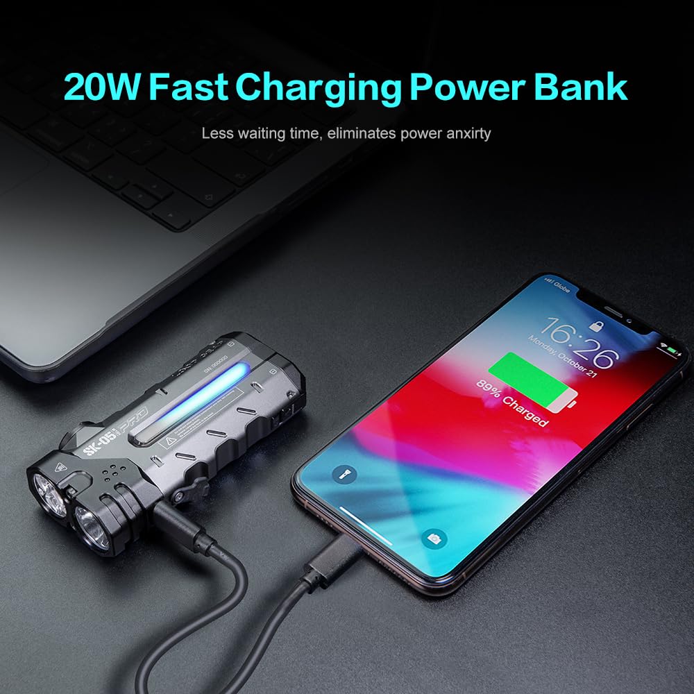 Loop Gear Sk05 Pro Flat Led Flashlight With 8000Mah Power Bank, Sidelight Flashlight Combines Floodlight And Spotlight, 4360 Hig