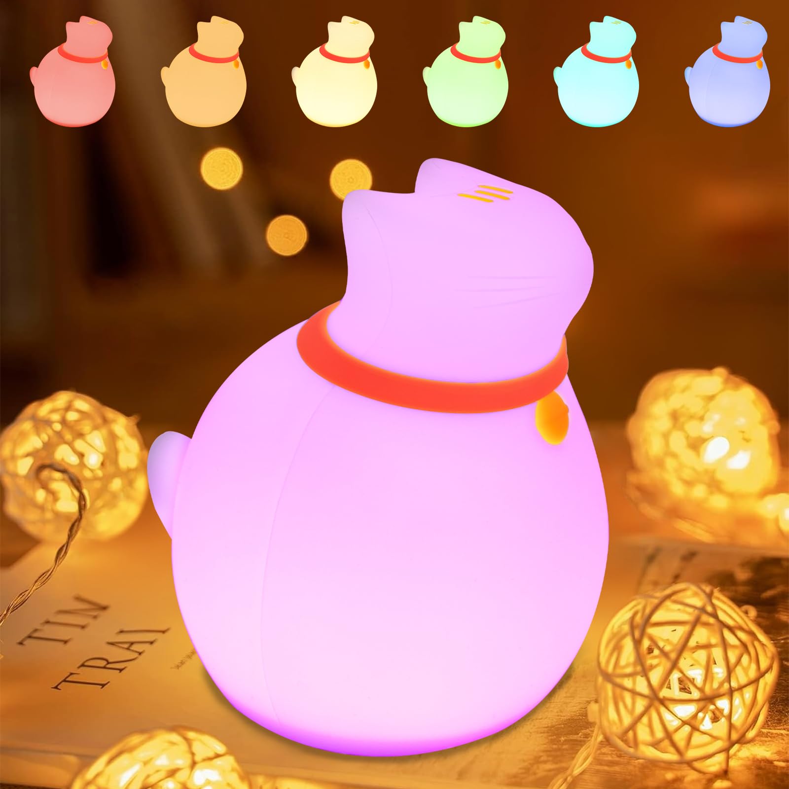 MAGOHMT 7-Color Changing Cat Night Light, Silicone Rechargeable Nursery Light with Timer & 3 Modes, Kids Bedroom Lamp Touch Sens