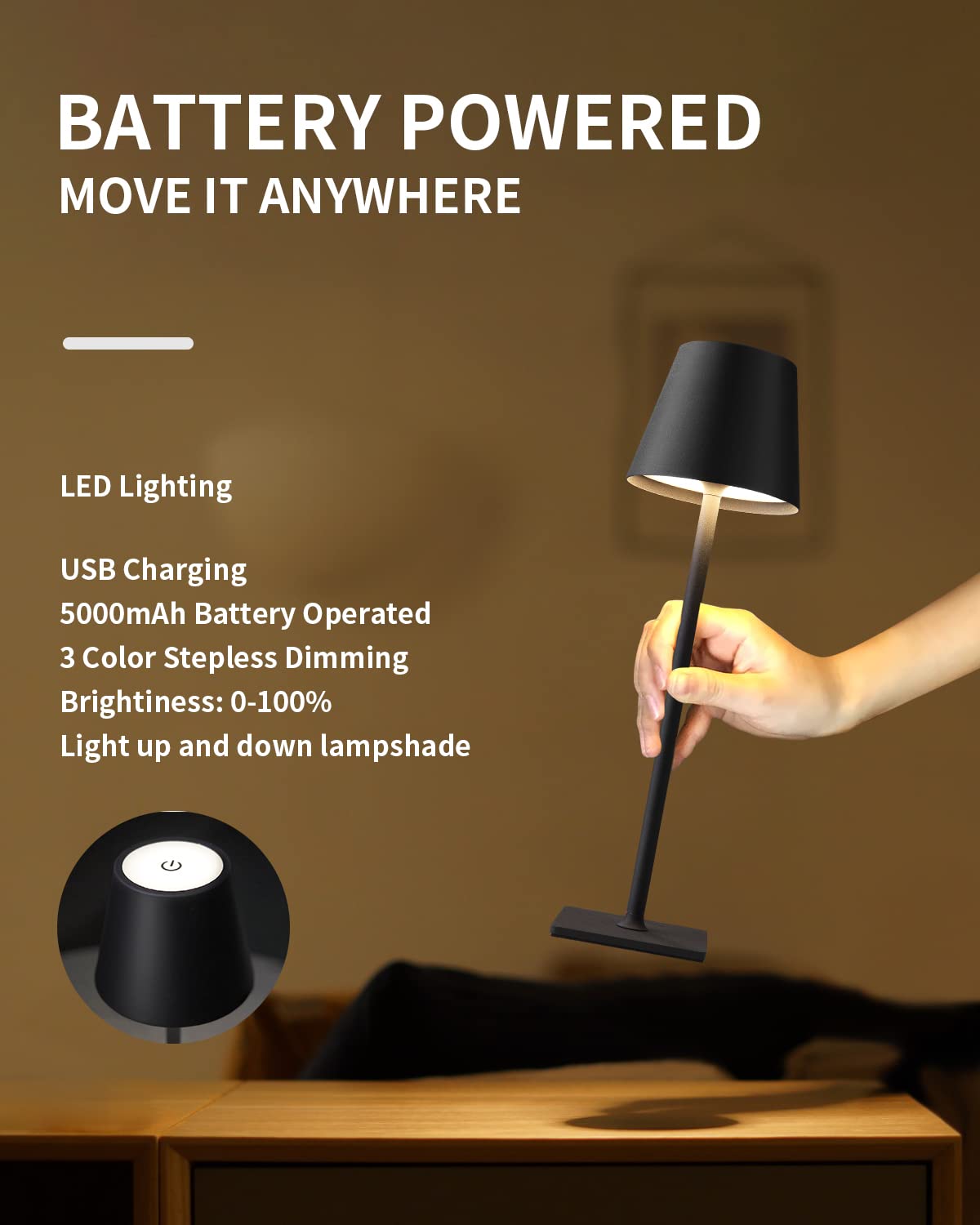 Kdg Cordless Led Table Lamp - 5000Mah, 3 Color Dimming, Portable Night Light For Home & Outdoor