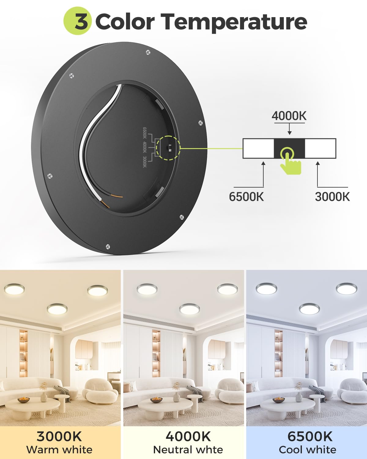 Hepside 1Pack Dimmable Flush Mount Ceiling Light Fixture Black, 3Cct Selectable 3000/4000/6500K Ceiling Lamp, 7.5Inch 15W 1500Lm
