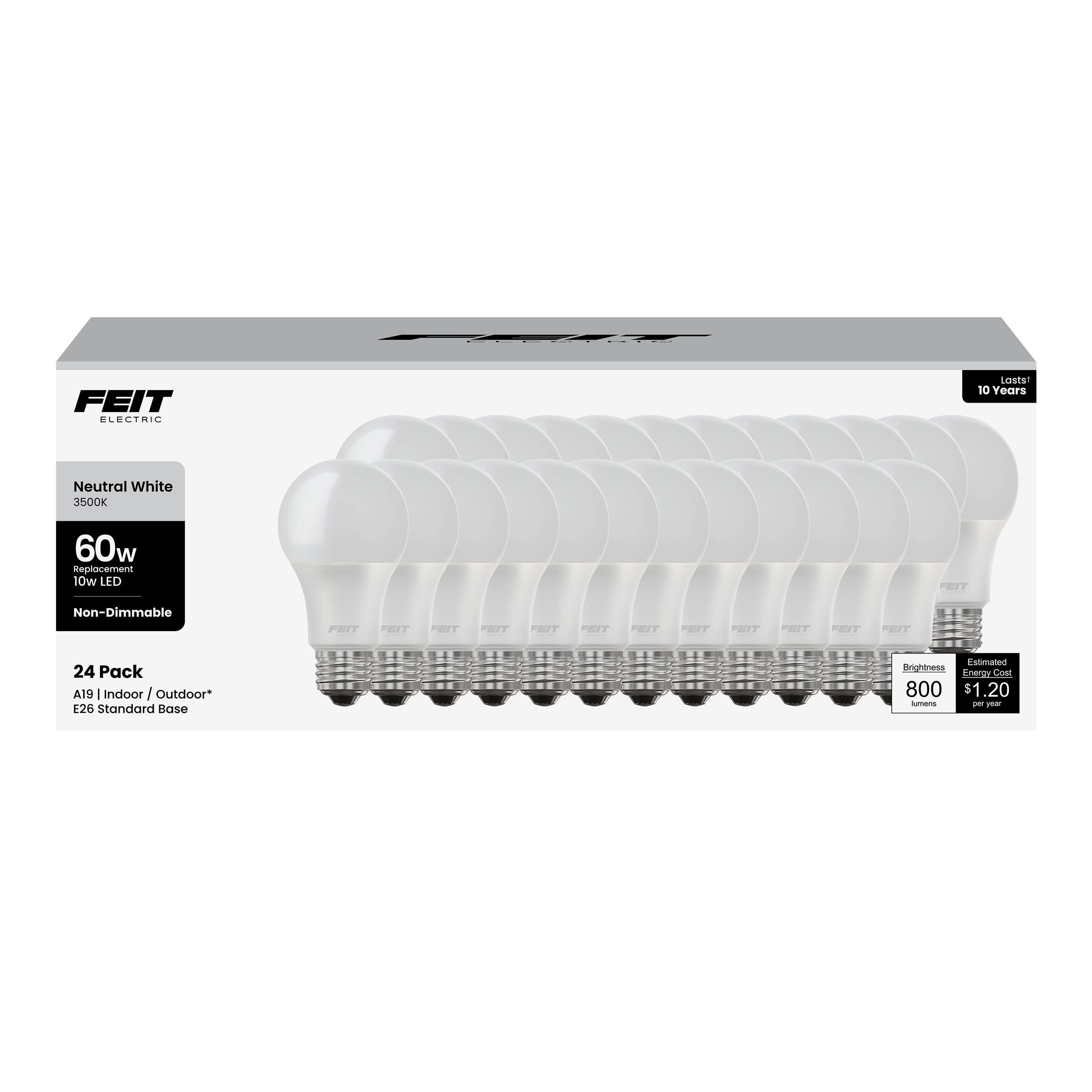 Feit Electric A19 Led Light Bulb, 60W Equivalent, E26 Medium Base, 800 Lumen, 3500K Neutral White Light, Indoor/Outdoor General-