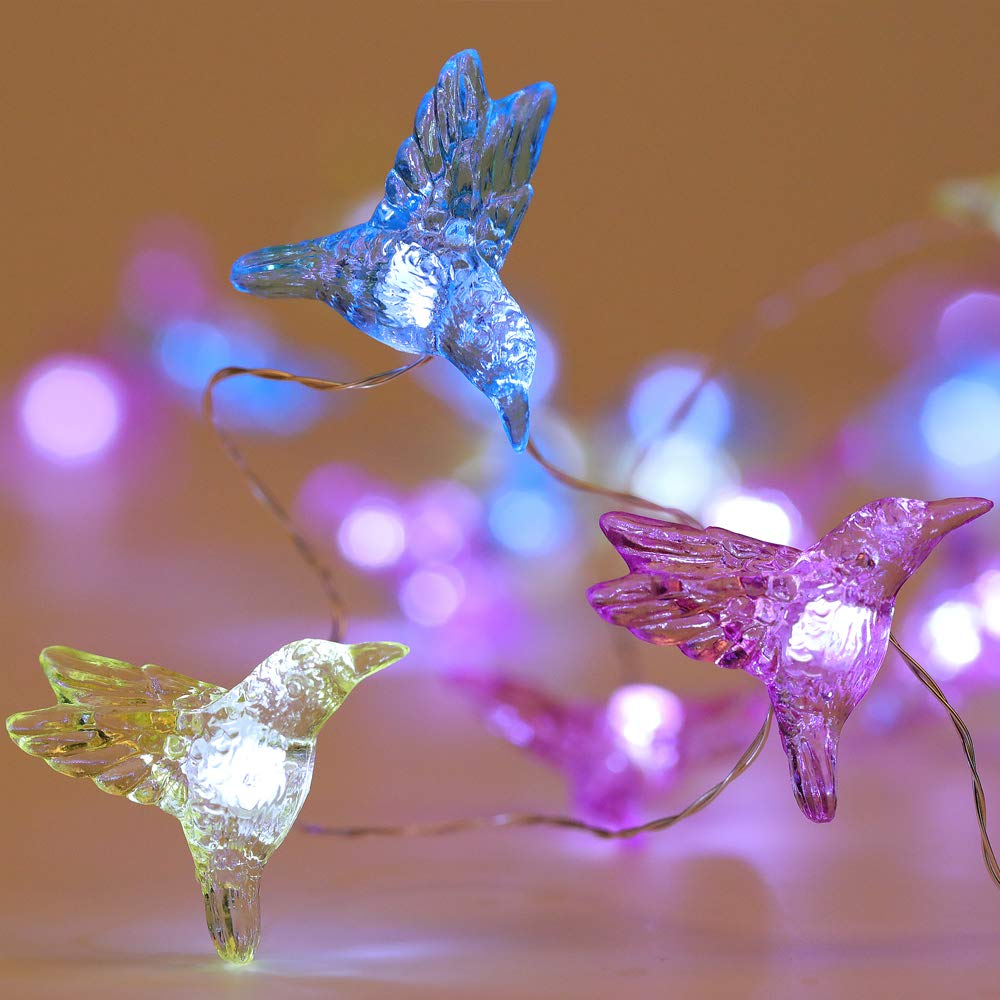 WSgift Hummingbird Decorative String Lights, 13.85 Ft 40 Cool White LED Weatherproof Battery Operated 8 Modes Spring Fairy Light