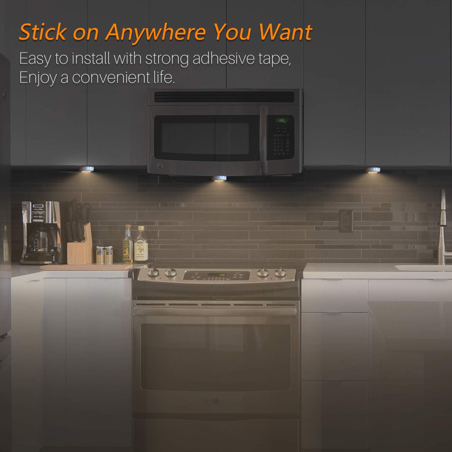 STAR-SPANGLED Push Tap Light, Mini LED Puck Lamp, 5 Pack, Warm White, Battery Operated, Model US-8016-YE5