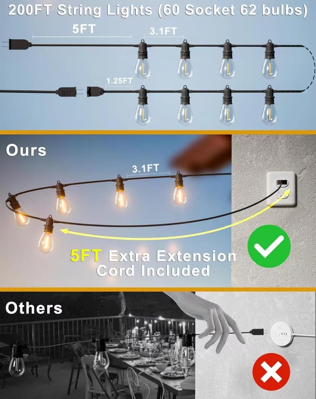 Jerritte 200Ft Led Outdoor String Lights, 60 Shatterproof Bulbs, Warm White, Ip65 Waterproof, Model Jr-S14-200, Dimmable, Heavy Duty
