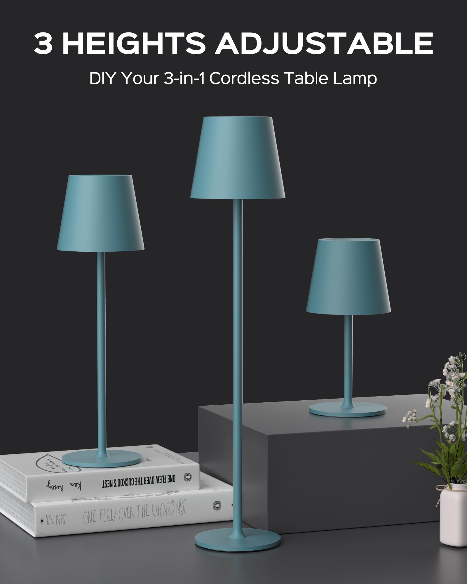 JACKYLED Cordless Table Lamps, Rechargeable, 3 Adjustable Heights, 2 Pack, Blue, Waterproof LED for Kitchen, Bedroom, Outdoor