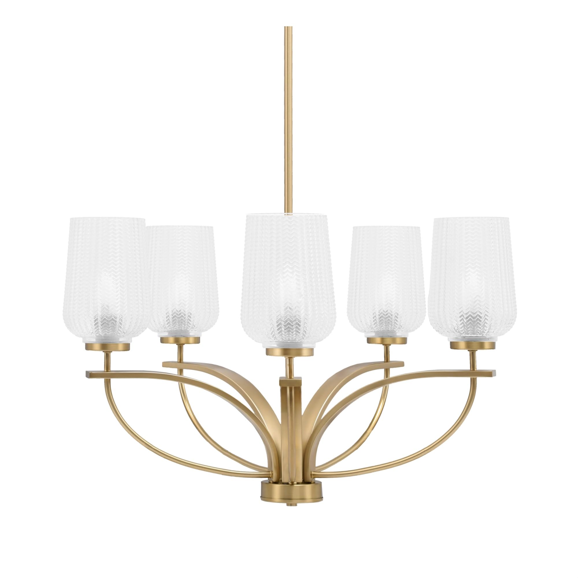 Toltec Lighting Cavella 5 Light, Uplight Chandelier, Hang Straight Swivel, New Age Brass Finish, 5&quot; Clear Textured Glass