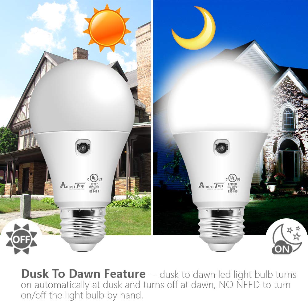 Ameritop Dusk To Dawn Light Bulb- 2 Pack, A19 Led Sensor Light Bulbs; Ul Listed, Automatic On/Off, 800 Lumen, 10W(60 Watt Equiva