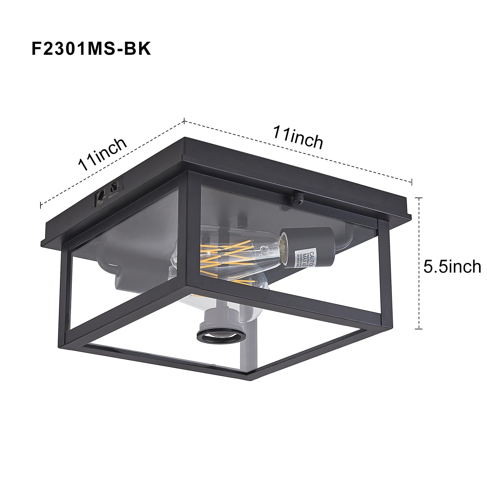 Tarentlight Adjustable Motion Sensor Ceiling Light Fixture Outdoor Modern Design Of Squares Flush Mount 2-Light Textured Black With Clear Glass For Your Porch,Garage,Patio,Hallway,Front And Back Yards