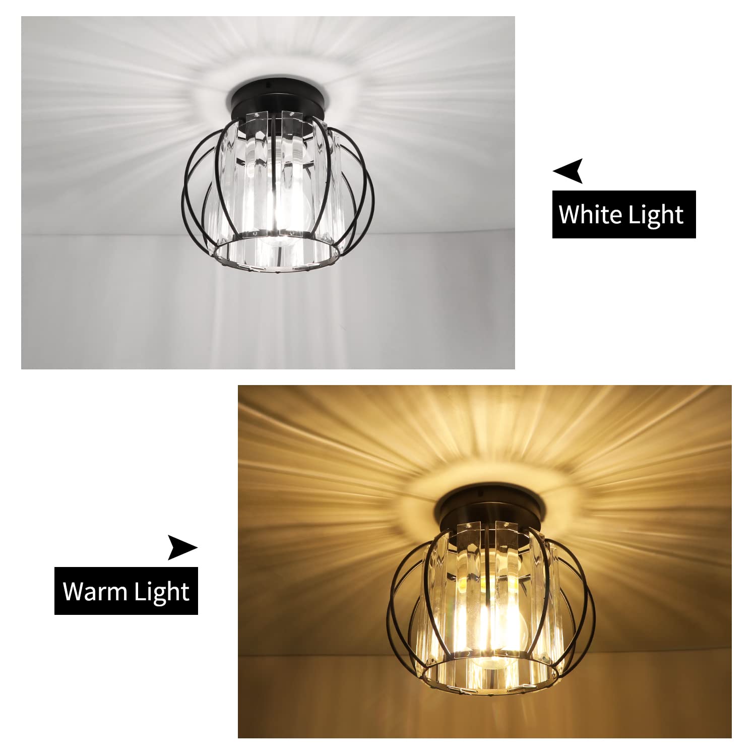 Tislyco Industrial Black Semi Flush Mount Ceiling Light Fixture, Modern Close To Ceiling Light, Mini Crystal Chandeliers Fixture