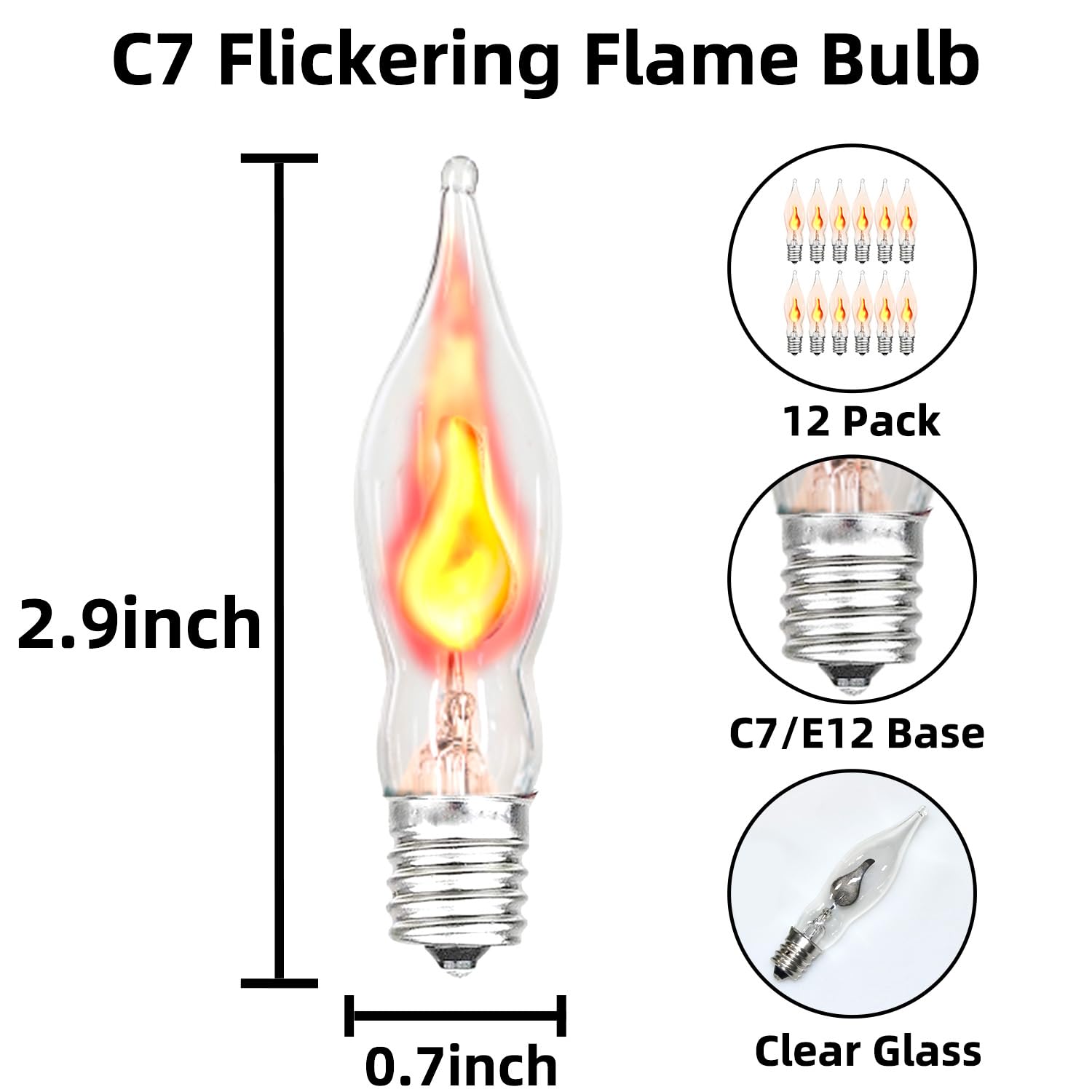 Halloween C7 Flame Light Bulbs Flickering Light Bulbs, 12 Pack Clear Glass Shell Flame Effect Light Bulb As C7 Replacement Bulbs For Flame String Lights & Christmas Halloween Decor, E12 Base - 1W