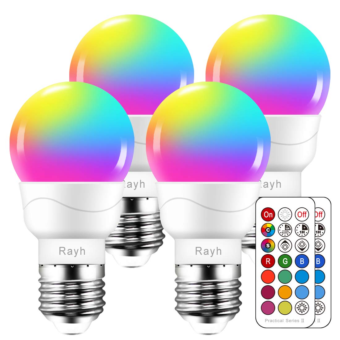 Rayh RGB LED Light Bulb with Remote Control, Dimmable 5W, 500LM, E26 Base, 4 Pack, Iron Material