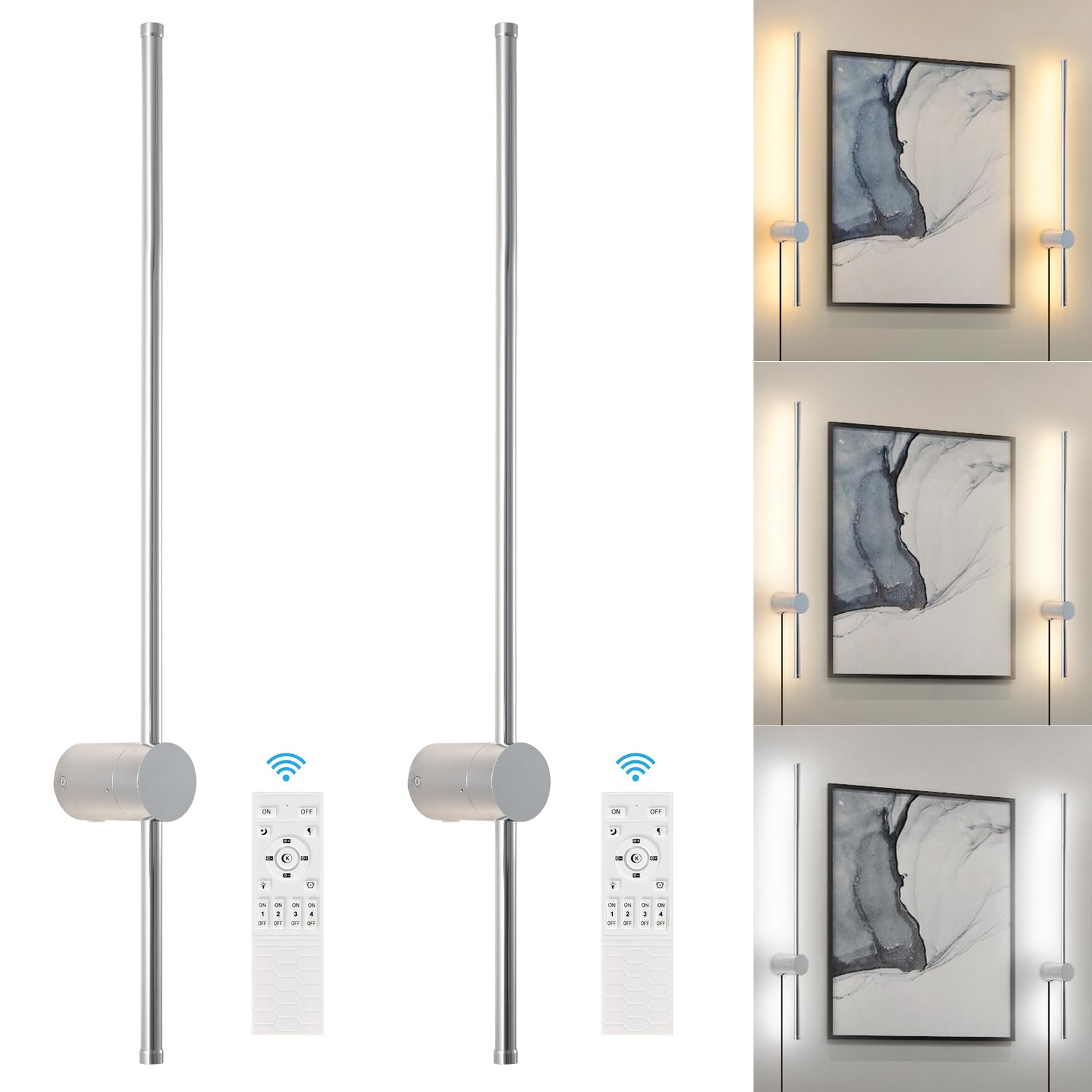 Keluoly Modern Chrome Plug In Wall Sconce With Remote, Dimmable 31.5" Led Wall Sconces Set Of Two With Memory Function, Adjustable Color Temperature Brightness, Timer, 350° Rotate, Hardwire Or Plug-In