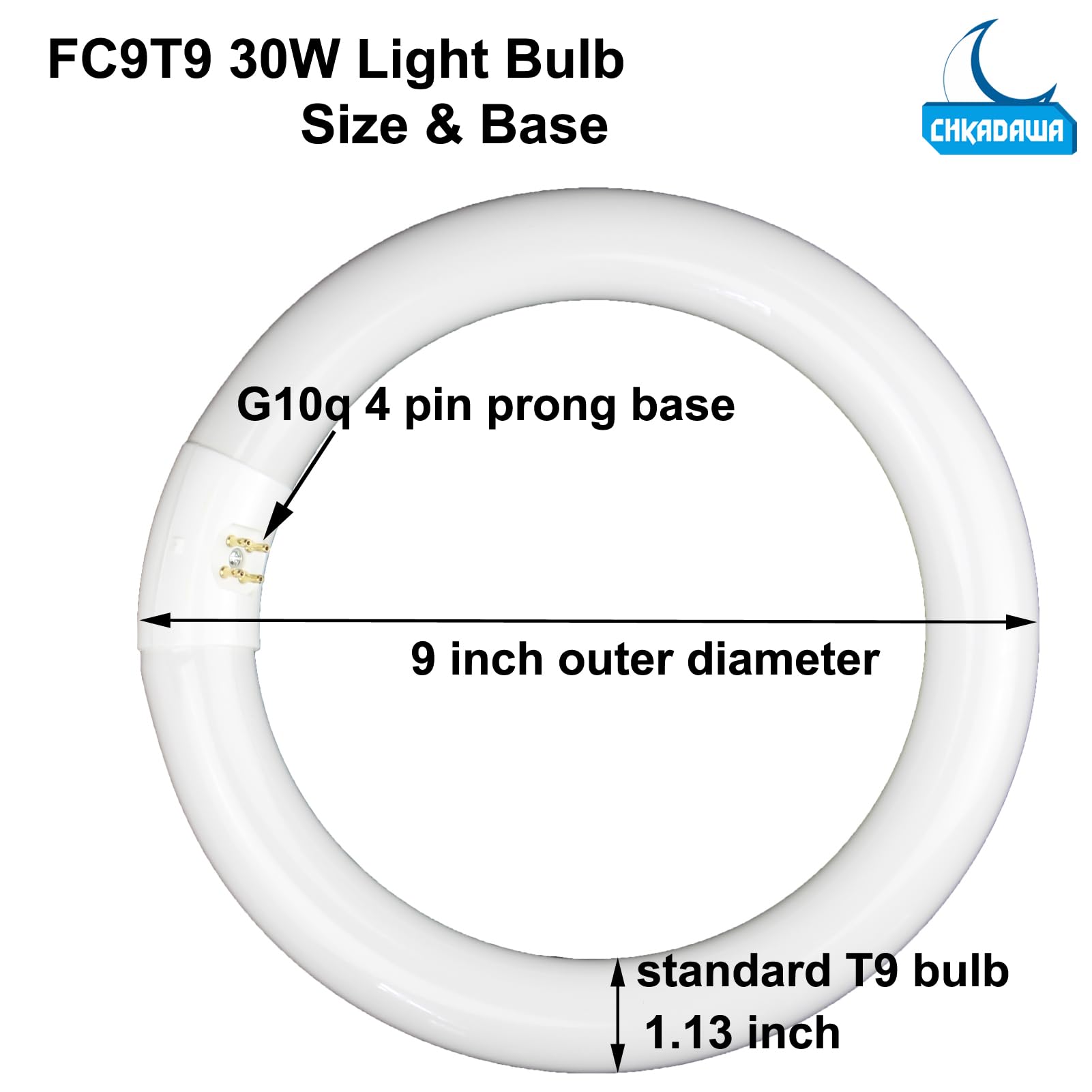 CHKADAWA 9-Inch T9 30W Circline Light Bulbs, Daylight 6500K, G10q 4 Pin Base, 2 Pack, White, Glass