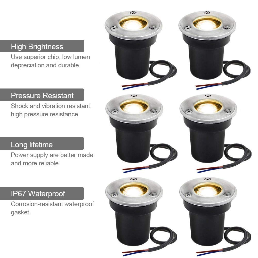 SUNRIVER Low Voltage Landscape Well Lights 1W 12V-24V IP67 Waterproof, 6 Pack Warm White Metal for Garden, Deck, Step Lighting