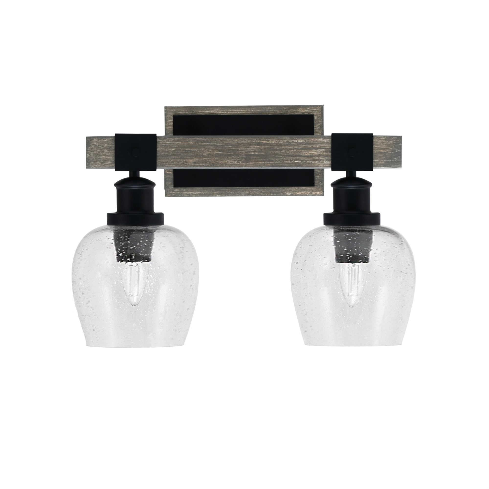 Toltec Lighting Tacoma 2 Light Bath Bar, Matte Black, Distressed Wood-Look Finish, 6in Clear Bubble Glass