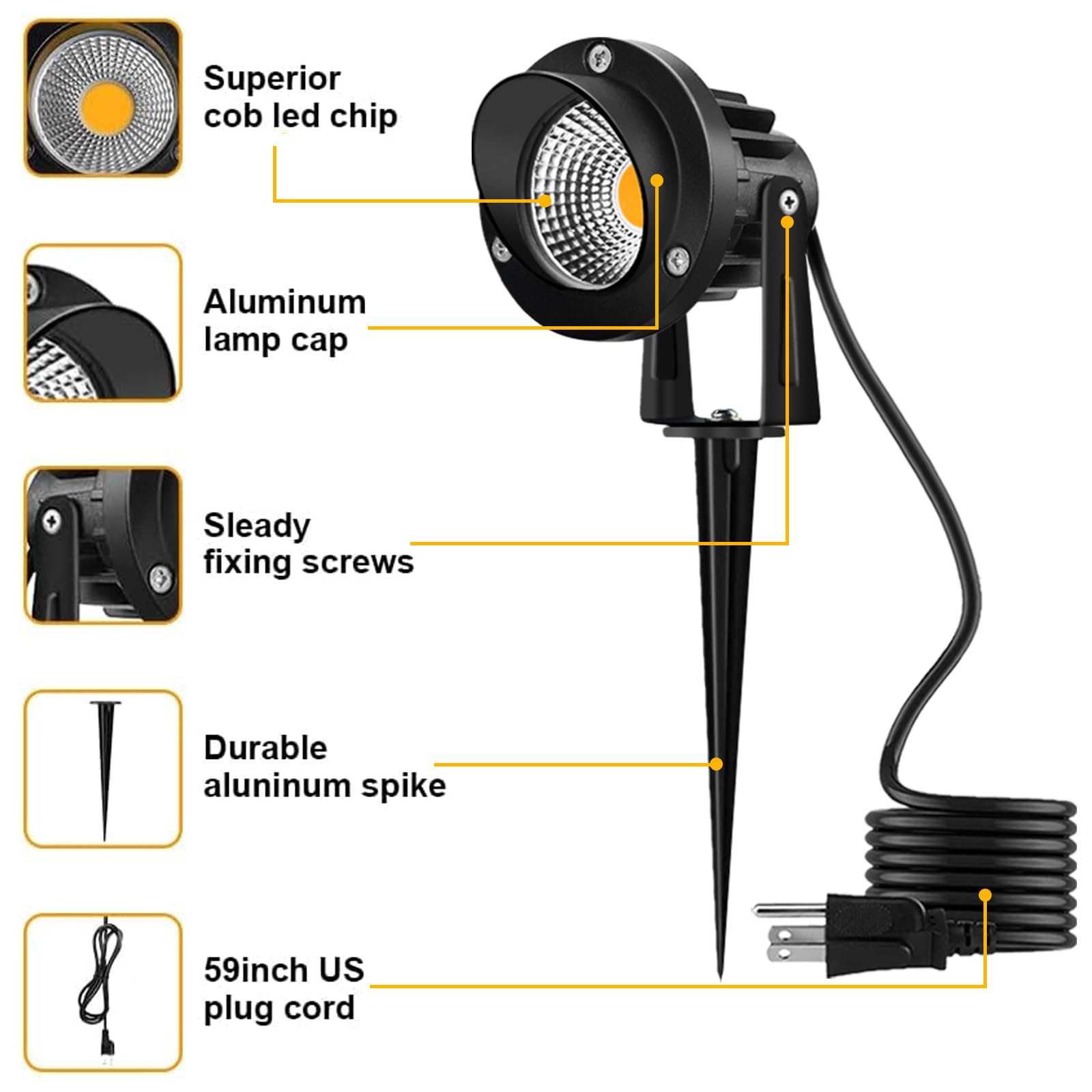 Romwish Led Landscape Lights, 10W Waterproof Spotlight, Warm White, Pack Of 6, Aluminum, Model Rm-Cob-Landscape-120V-10Ww-6P