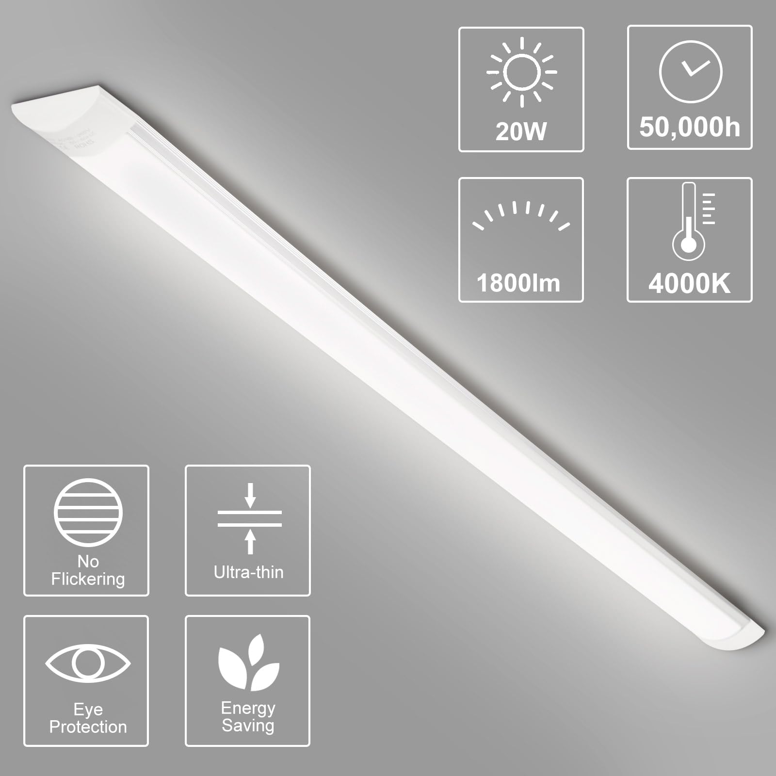 Jazoctig 2-Pack 2Ft Led Batten, Close To Ceiling Light Fixtures, 20W, Ultra-Thin Day Light, 4000K, Ip20, Led Ceiling Light For G