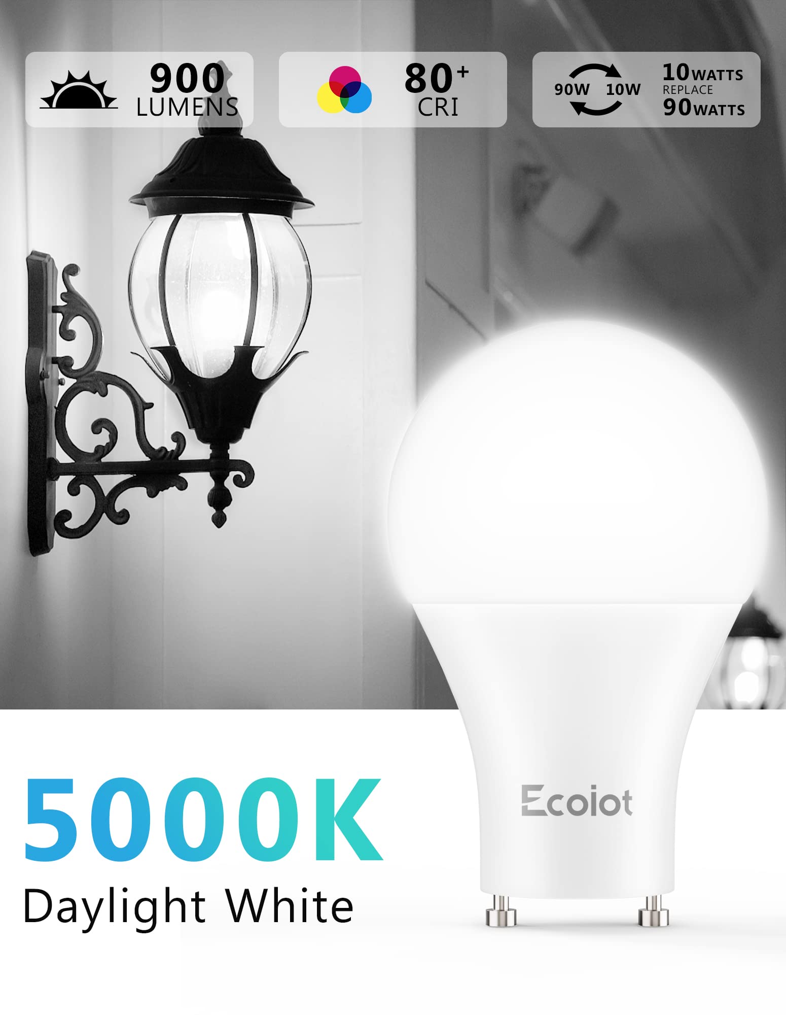 Ecoiot GU24 Dusk to Dawn LED Light Bulbs, A19 10W (90W Equivalent), 5000K Daylight, 4 Pack, Plastic & Aluminum Alloy
