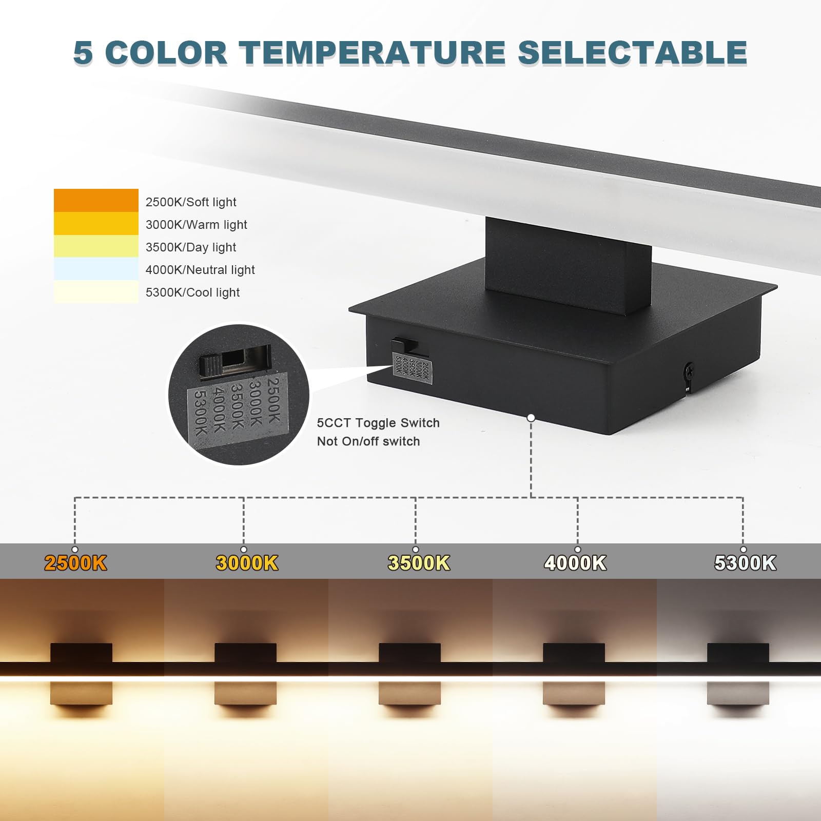 Joossnwell Black Bathroom Light Fixture 5CCT Dimmable Vanity Light 31.5 Inch Acrylic Model 7560-18W-SN-5CCT