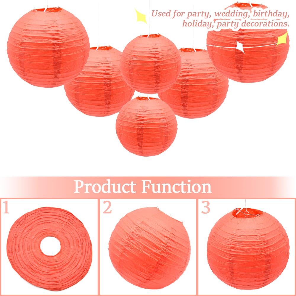 Yosawa Paper Lanterns - 6 Pcs Decorative Round Hanging Lanterns, 8” 10” 12” Sizes, Red, Model ZD-Red for Parties and Events