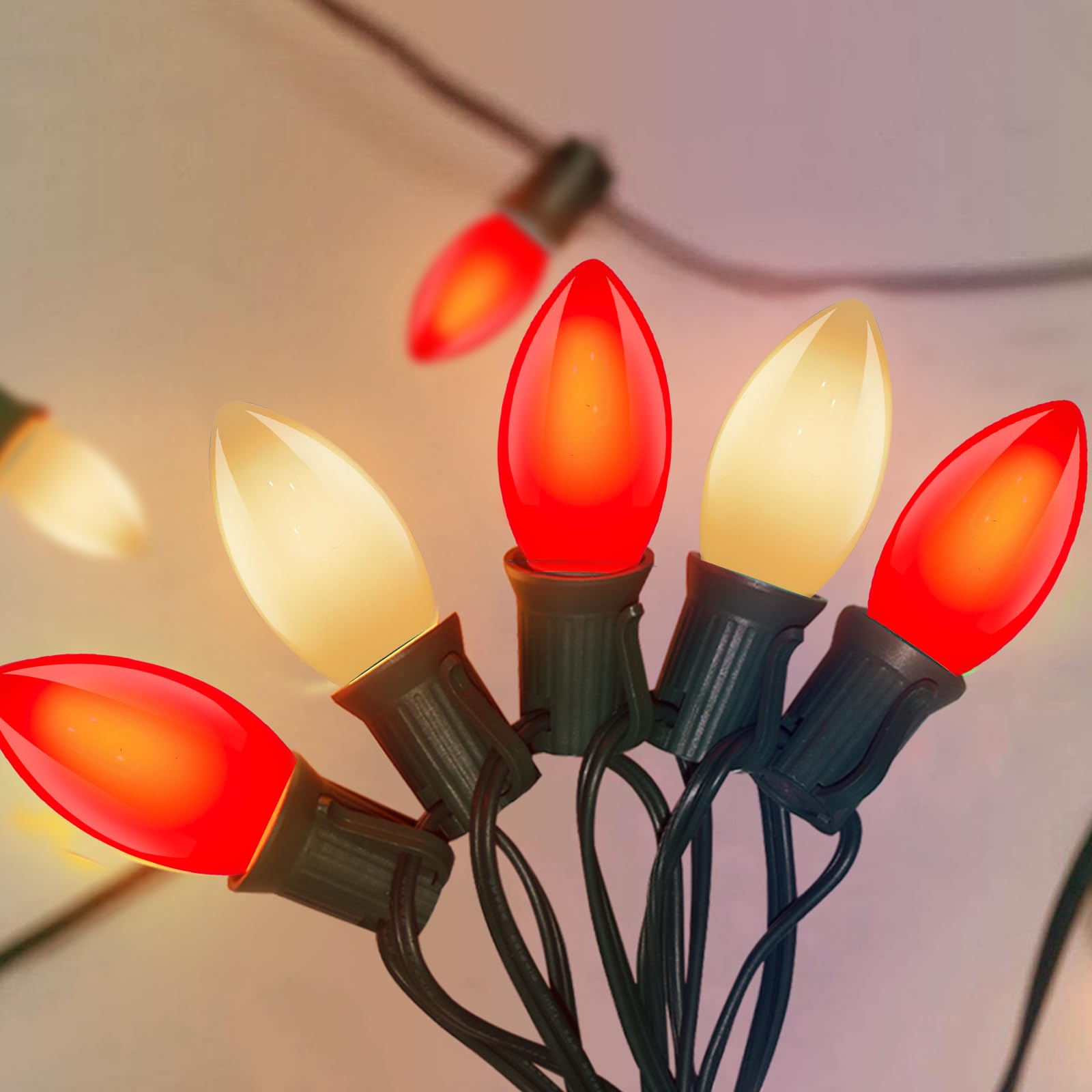 25Ft LED C9 Red and White Christmas Lights Outdoor, C9 Vintage Christmas Lights with 26 LED Red and White Bulbs, Hanging Outdoor