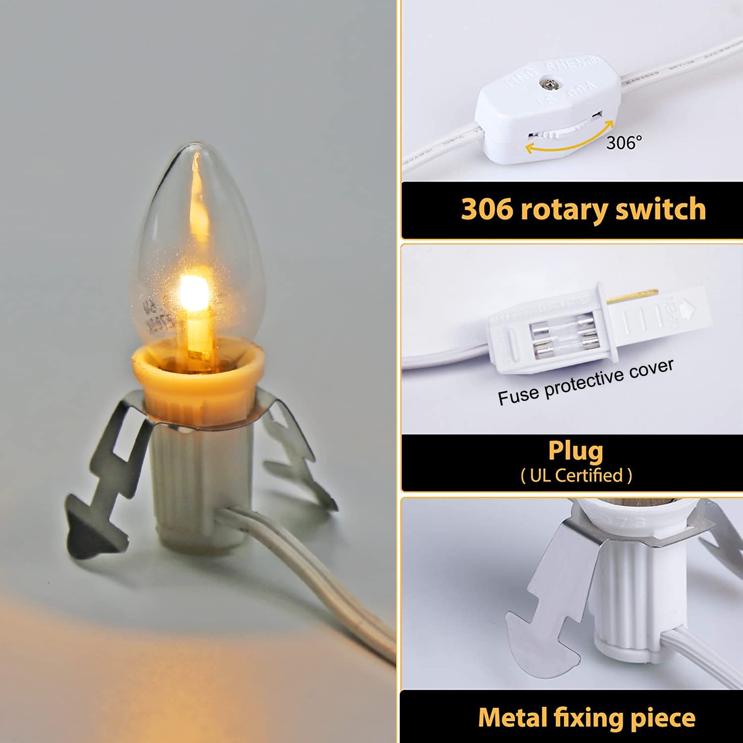 MX232 Set of 2 LED Light Bulbs E12 Candelabra Base with Clips for Halloween Christmas Decoration, 4-Pack, 4 Set of C7 COB Accessory Cord