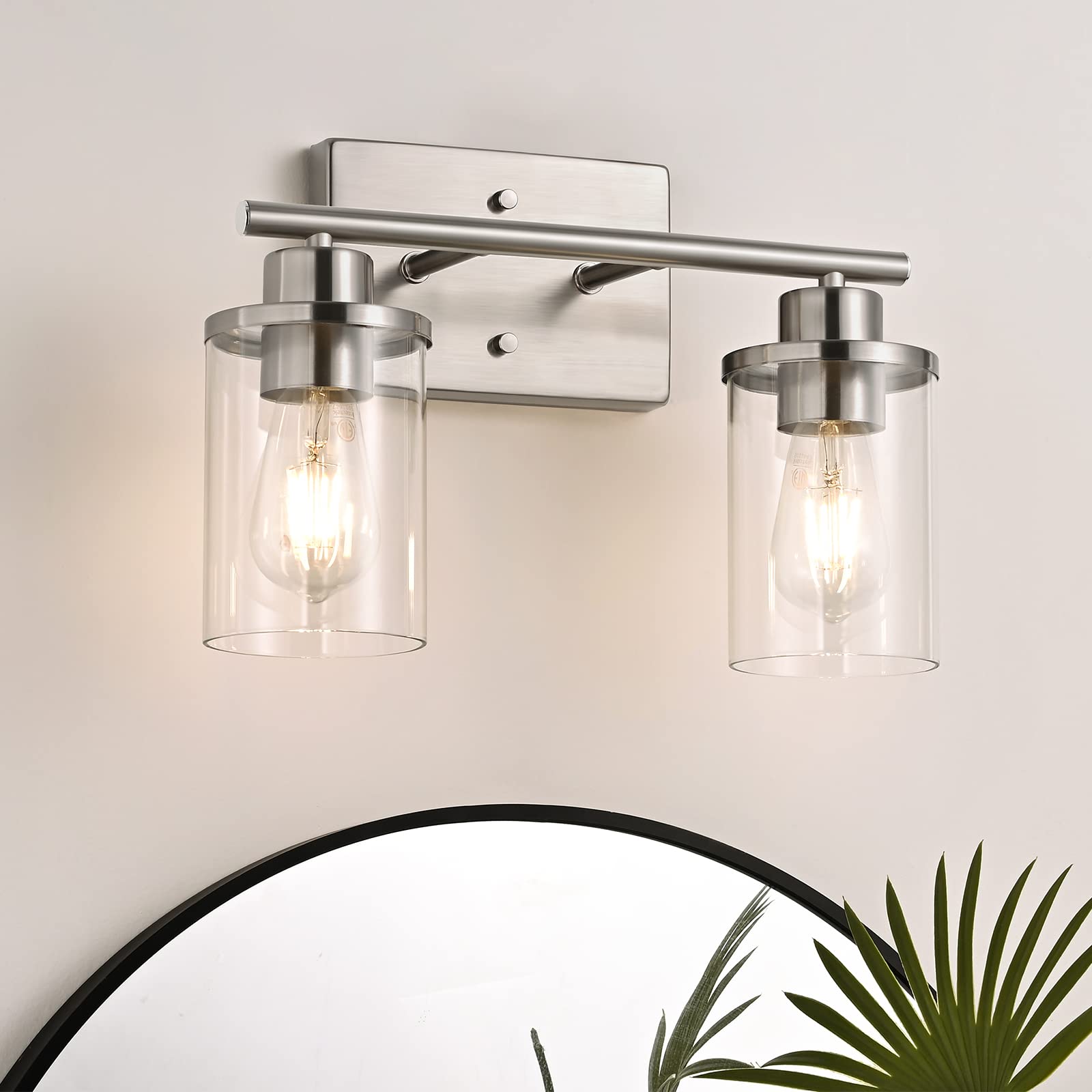 EDISHINE 2 Light Bathroom Vanity Light Fixtures, Brushed Nickel, Modern Wall Sconces, Glass, ETL Listed
