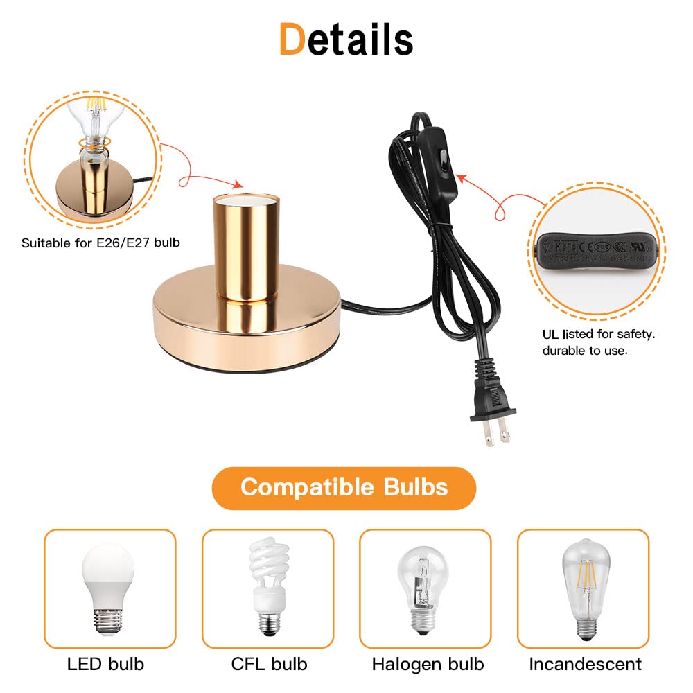 Helunsi Gold E26 E27 Industrial Table Lamp Base, Mini Metal Desk Lamp with 5.8ft Cord, Model E507234