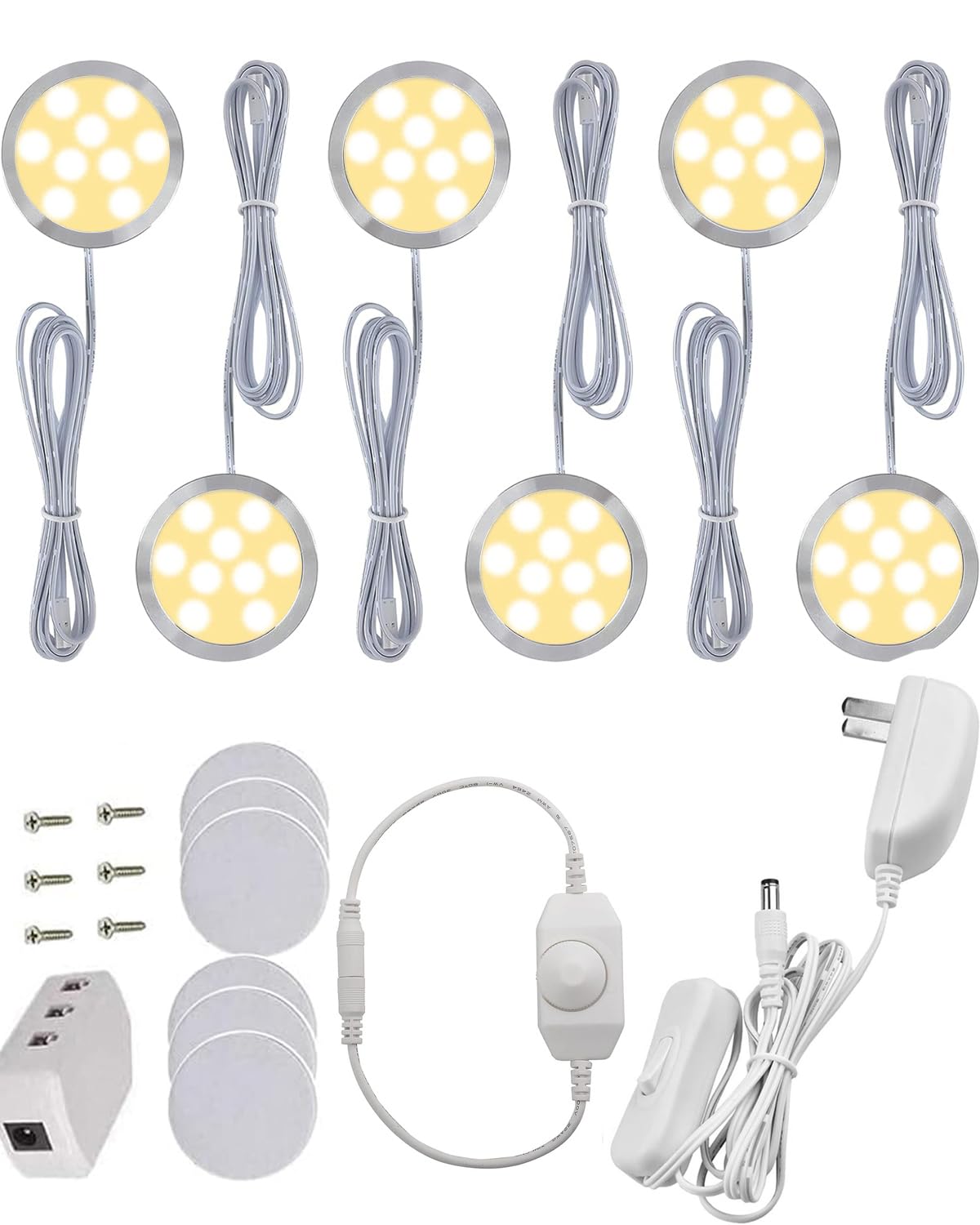 Cefrank Dimmable Puck Lights, 6Pcs Warm White Bookcase Lighting Kit W/Rotary Dimmer Switch, Total Of 18W, 1500 Lm Led Under Cabinet Lights - Warm White, 3000K