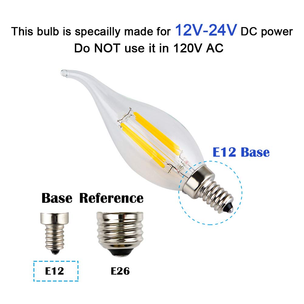 Opalray 12V Dc Dimmable Led Candelabra Bulb 4W, 2700K Warm White,