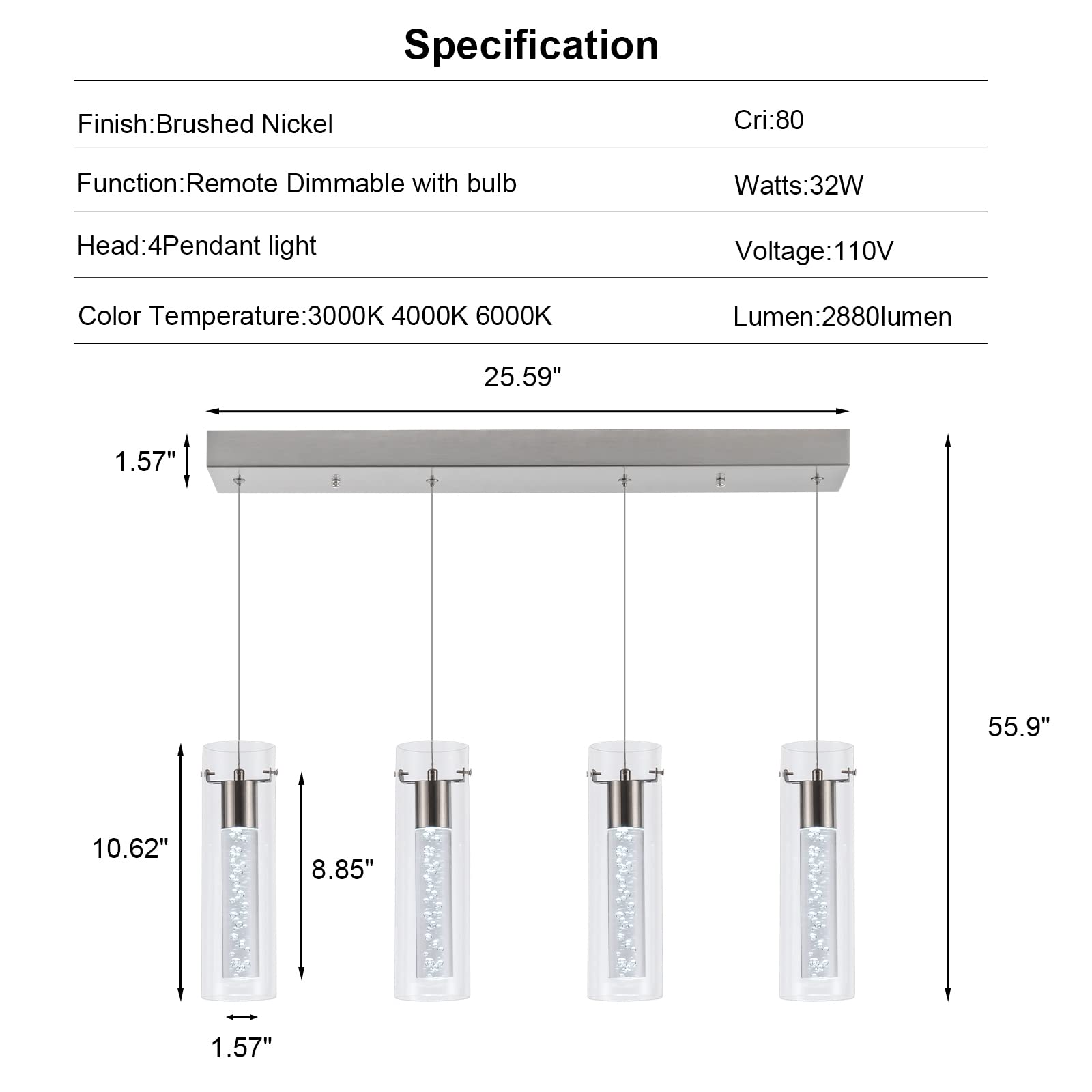 Dimmable Hanging Pendant Lights With Remote, Integrated 4-Light Pendant Lighting Brushed Nickel Finish, Tri-Color Pendant Lights